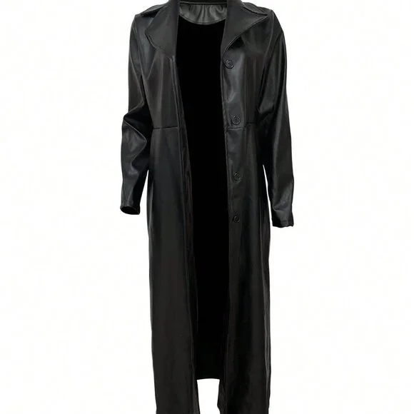 Black Elegant Women's Faux Leather Trench Coat